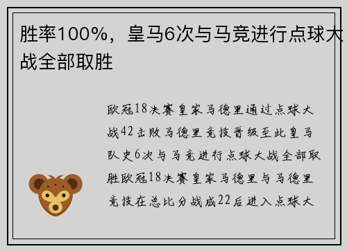 胜率100%，皇马6次与马竞进行点球大战全部取胜