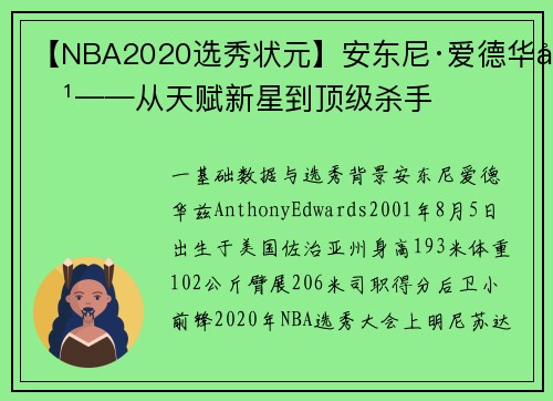 【NBA2020选秀状元】安东尼·爱德华兹——从天赋新星到顶级杀手